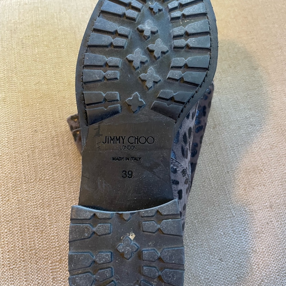 Hot! Jimmy Choo Sz 39 8.5 Metallic Black & Gray Animal Print Suede Biker Boots - Picture 3 of 5